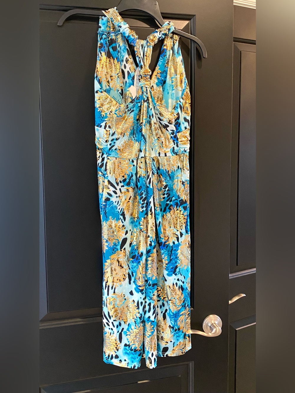 Tropical Blue & Gold Printed Halter dress - Picture 2 of 2